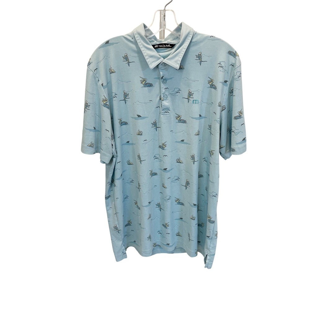 Travis Mathew Raptor Bay Golf Club Polo Shirt Mens XL Blue Shark Bird Print